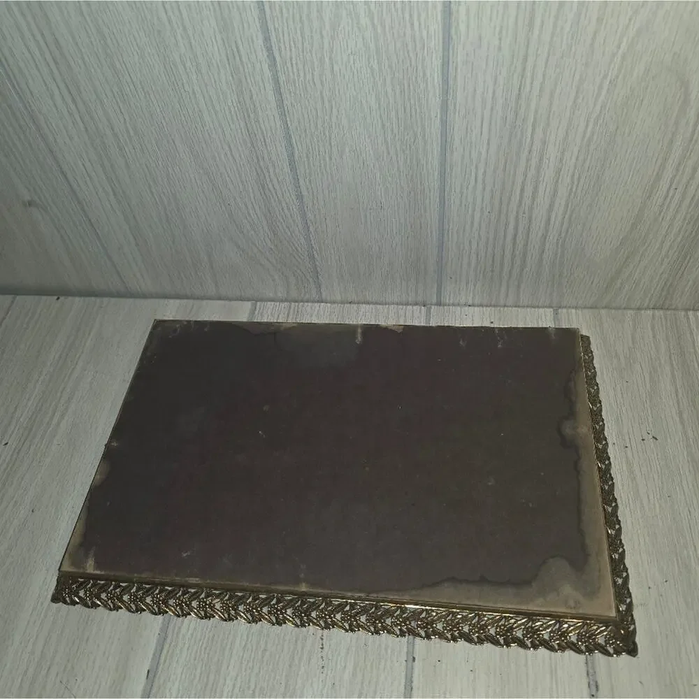 Vintage Fillagree Gold Tone Rectangle Mirrored Vanity Tray Trinket Display